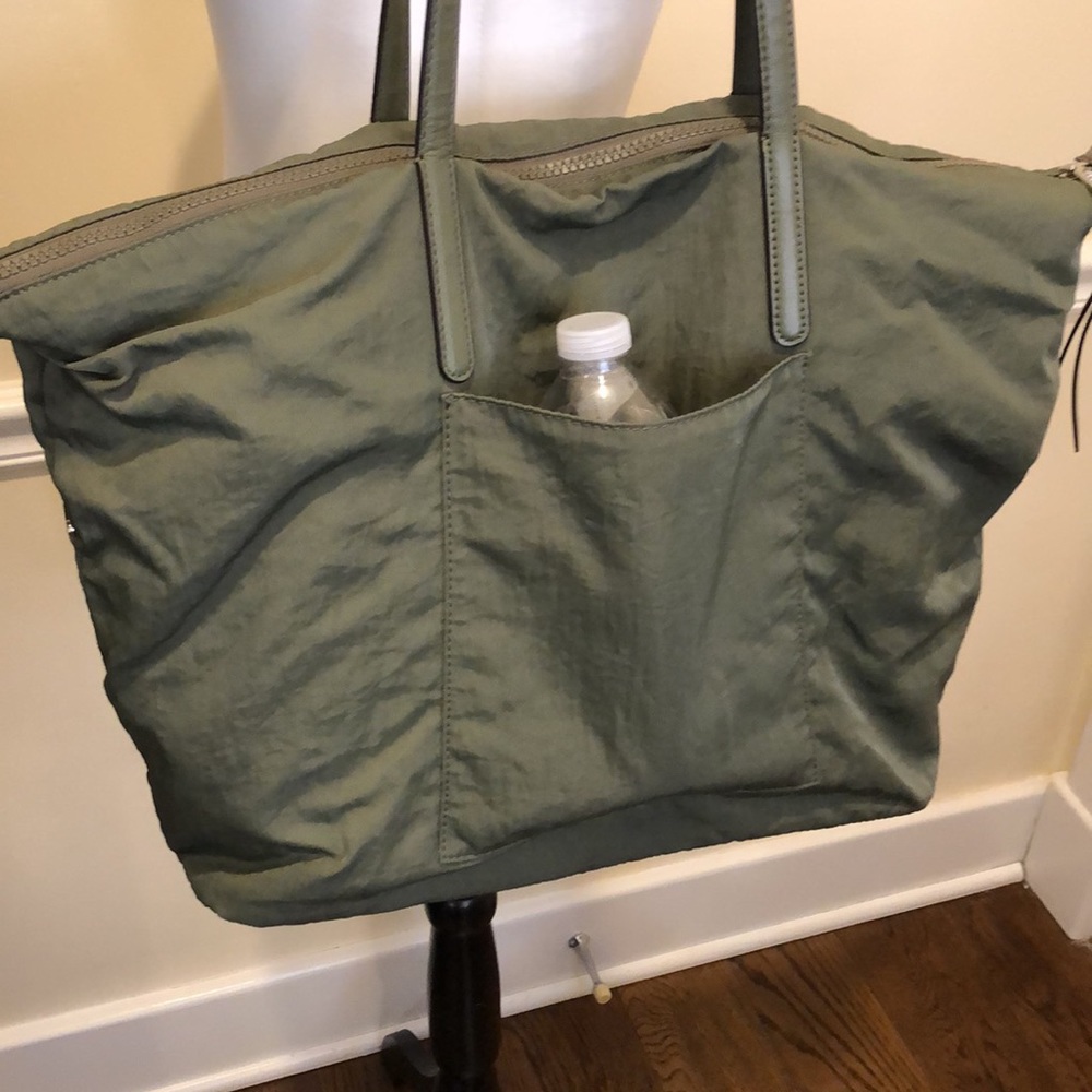 REBECCA MINKOFF Olive Green Nylon Top Zipper Shoulder Bag Leather Straps - Picture 2 of 16